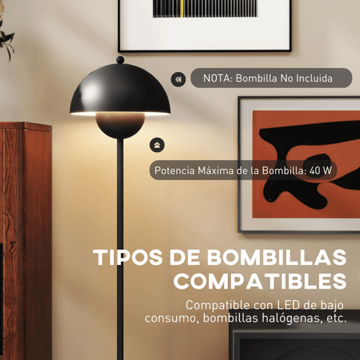 HOMCOM Candeeiro de Pé Moderno 155 cm Candeeiro de Pé para Sala com Ecrã em Forma de Taça Refletora de Luz Interruptor de Pé Suporte E27 sem Lâmpada para Quarto Escritório Sala de Estar Ø35x155 cm Preto