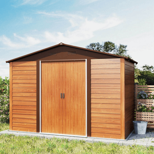 Outsunny Abrigo de Jardim Exterior 4,84m² 278x195x215 cm Abrigo de Jardim Metálico com 2 Portas de Correr e 4 Janelas de Ventilação para Armazenamento de Ferramentas Madeira e Marrom