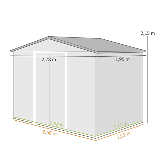 Outsunny Abrigo de Jardim Exterior 4,84m² 278x195x215 cm Abrigo de Jardim Metálico com 2 Portas de Correr e 4 Janelas de Ventilação para Armazenamento de Ferramentas Madeira e Marrom