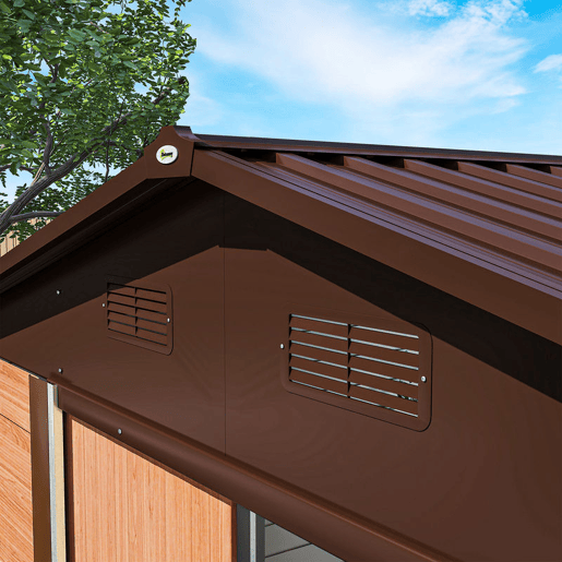 Outsunny Abrigo de Jardim Exterior 4,84m² 278x195x215 cm Abrigo de Jardim Metálico com 2 Portas de Correr e 4 Janelas de Ventilação para Armazenamento de Ferramentas Madeira e Marrom