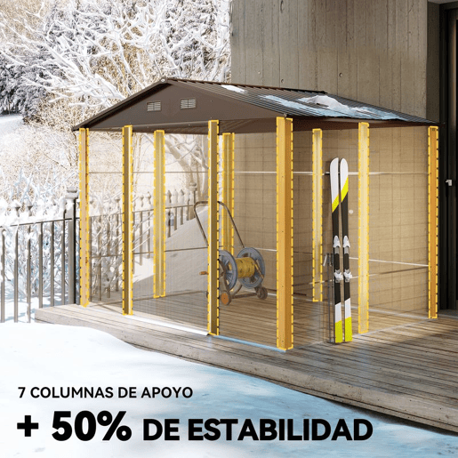 Outsunny Abrigo de Jardim Exterior 4,84m² 278x195x215 cm Abrigo de Jardim Metálico com 2 Portas de Correr e 4 Janelas de Ventilação para Armazenamento de Ferramentas Madeira e Marrom