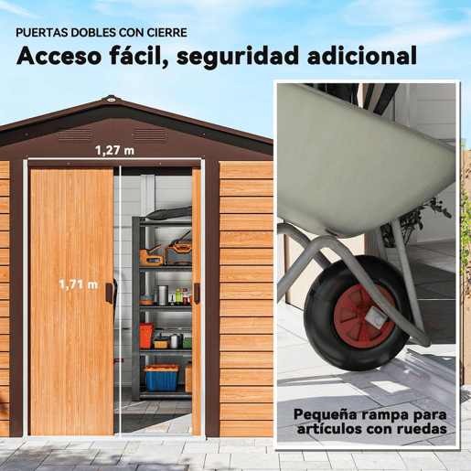Outsunny Abrigo de Jardim Exterior 4,84m² 278x195x215 cm Abrigo de Jardim Metálico com 2 Portas de Correr e 4 Janelas de Ventilação para Armazenamento de Ferramentas Madeira e Marrom