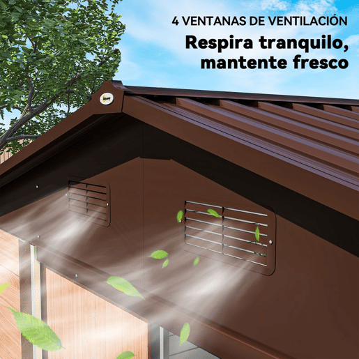 Outsunny Abrigo de Jardim Exterior 4,84m² 278x195x215 cm Abrigo de Jardim Metálico com 2 Portas de Correr e 4 Janelas de Ventilação para Armazenamento de Ferramentas Madeira e Marrom