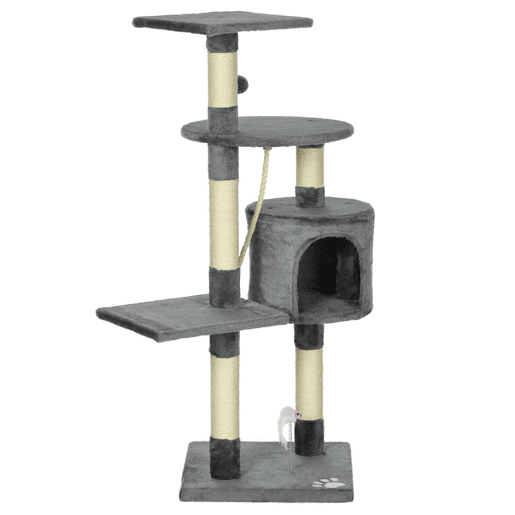 PawHut Arranhador para Gatos com Arranhador de 116 cm e 4 Níveis com Poste para Afiar as Garras Caverna Espaçosa Plataformas e Brinquedos Divertidos 40x40x116 cm Cinzento Escuro
