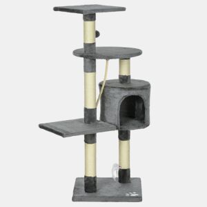 PawHut Arranhador para Gatos com Arranhador de 116 cm e 4 Níveis com Poste para Afiar as Garras Caverna Espaçosa Plataformas e Brinquedos Divertidos 40x40x116 cm Cinzento Escuro