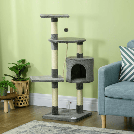 PawHut Arranhador para Gatos com Arranhador de 116 cm e 4 Níveis com Poste para Afiar as Garras Caverna Espaçosa Plataformas e Brinquedos Divertidos 40x40x116 cm Cinzento Escuro