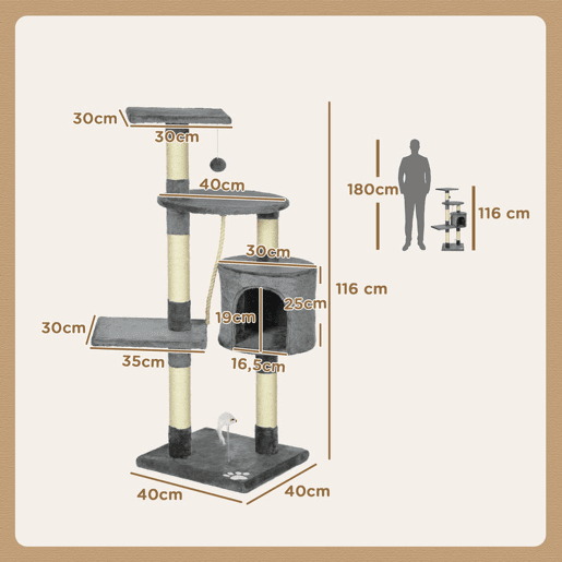 PawHut Arranhador para Gatos com Arranhador de 116 cm e 4 Níveis com Poste para Afiar as Garras Caverna Espaçosa Plataformas e Brinquedos Divertidos 40x40x116 cm Cinzento Escuro