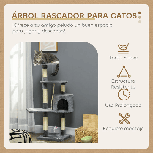 PawHut Arranhador para Gatos com Arranhador de 116 cm e 4 Níveis com Poste para Afiar as Garras Caverna Espaçosa Plataformas e Brinquedos Divertidos 40x40x116 cm Cinzento Escuro