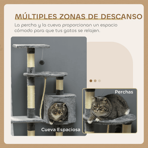 PawHut Arranhador para Gatos com Arranhador de 116 cm e 4 Níveis com Poste para Afiar as Garras Caverna Espaçosa Plataformas e Brinquedos Divertidos 40x40x116 cm Cinzento Escuro