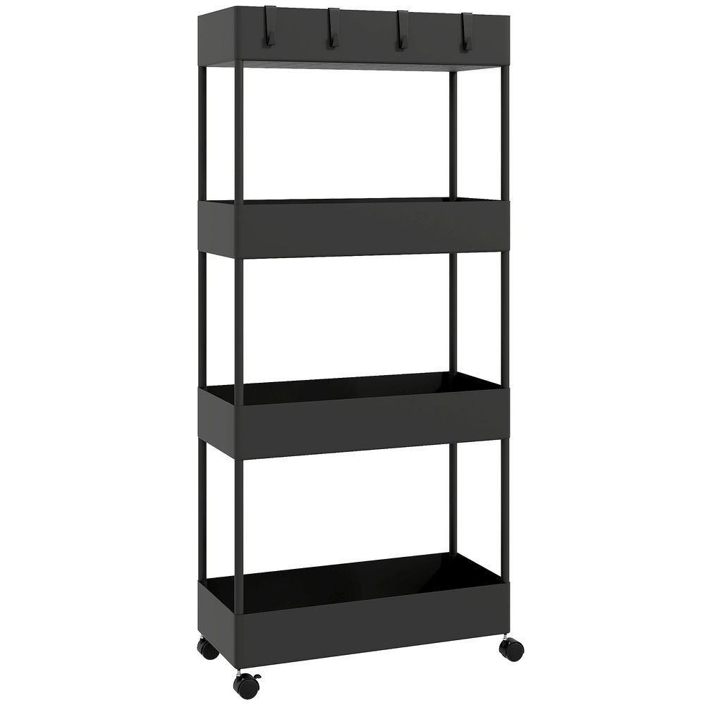 Homcom carro de cocina de almacenamiento de 4 niveles carrito auxiliar con ruedas 4 cestas y 4 ganchos extraíbles carrito de cocina para comedor baño salón 40x19x90 cm negro
