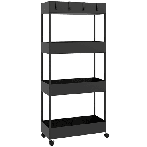 HOMCOM Carrinho de Cozinha Estreito de 4 Níveis com Rodas, 4 Cestos e 4 Ganchos Removíveis para Sala de Jantar, Casa de Banho ou Sala, 40x19x90 cm, Preto