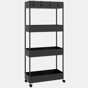 HOMCOM Carrinho de Cozinha Estreito de 4 Níveis com Rodas, 4 Cestos e 4 Ganchos Removíveis para Sala de Jantar, Casa de Banho ou Sala, 40x19x90 cm, Preto