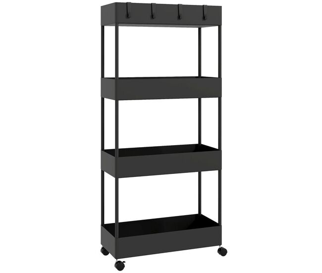 Homcom carro de cocina de almacenamiento delgado de 4 niveles carrito auxiliar con ruedas 4 cestas y 4 ganchos extraíbles carrito de cocina para