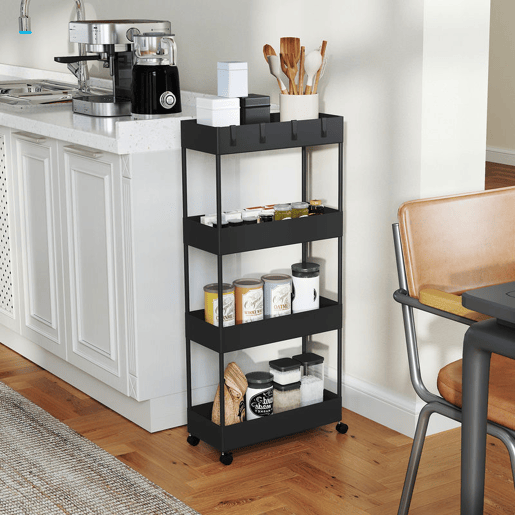 HOMCOM Carrinho de Cozinha Estreito de 4 Níveis com Rodas, 4 Cestos e 4 Ganchos Removíveis para Sala de Jantar, Casa de Banho ou Sala, 40x19x90 cm, Preto