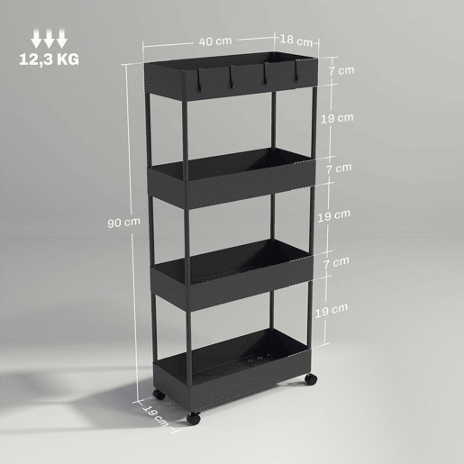 HOMCOM Carrinho de Cozinha Estreito de 4 Níveis com Rodas, 4 Cestos e 4 Ganchos Removíveis para Sala de Jantar, Casa de Banho ou Sala, 40x19x90 cm, Preto