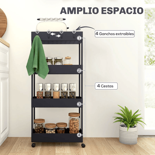 HOMCOM Carrinho de Cozinha Estreito de 4 Níveis com Rodas, 4 Cestos e 4 Ganchos Removíveis para Sala de Jantar, Casa de Banho ou Sala, 40x19x90 cm, Preto