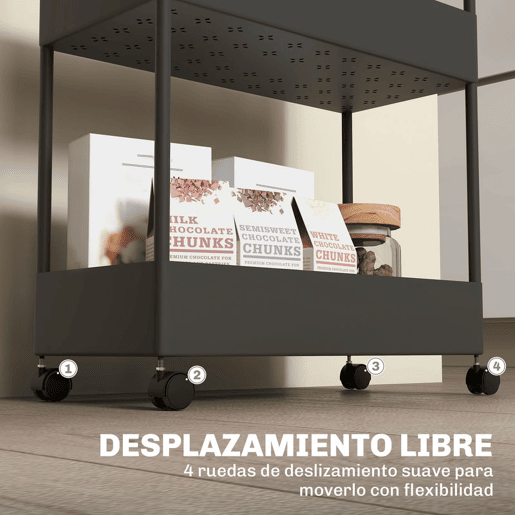 HOMCOM Carrinho de Cozinha Estreito de 4 Níveis com Rodas, 4 Cestos e 4 Ganchos Removíveis para Sala de Jantar, Casa de Banho ou Sala, 40x19x90 cm, Preto