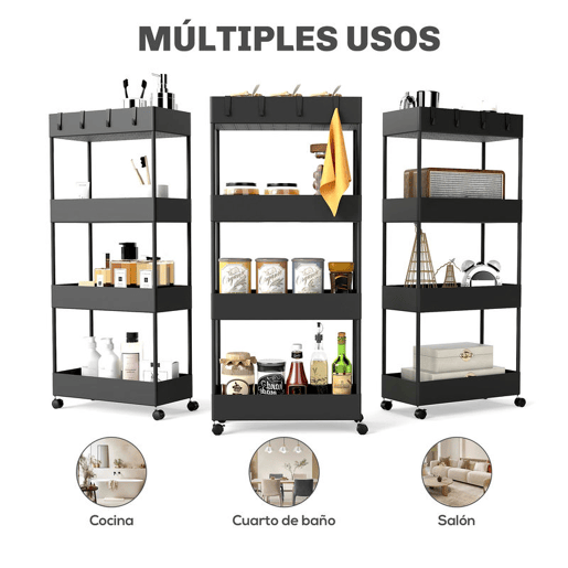 HOMCOM Carrinho de Cozinha Estreito de 4 Níveis com Rodas, 4 Cestos e 4 Ganchos Removíveis para Sala de Jantar, Casa de Banho ou Sala, 40x19x90 cm, Preto