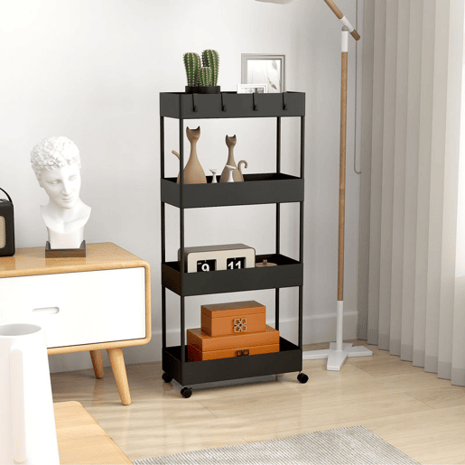 HOMCOM Carrinho de Cozinha Estreito de 4 Níveis com Rodas, 4 Cestos e 4 Ganchos Removíveis para Sala de Jantar, Casa de Banho ou Sala, 40x19x90 cm, Preto