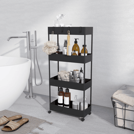 HOMCOM Carrinho de Cozinha Estreito de 4 Níveis com Rodas, 4 Cestos e 4 Ganchos Removíveis para Sala de Jantar, Casa de Banho ou Sala, 40x19x90 cm, Preto