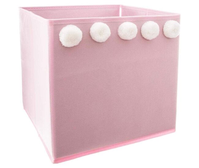 Well home caja de almacenamiento infantil con pompones color rosa - 29 x 29 x 29cm