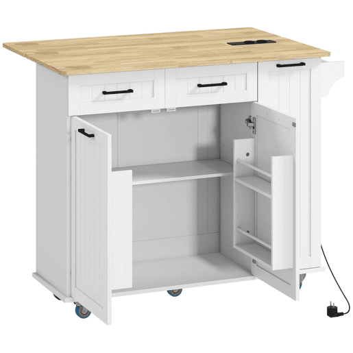 HOMCOM Ilha de Cozinha com Rodas Carrinho de Cozinha com Tomada USB Bancada Rebatível 2 Gavetas 2 Portas Prateleira Ajustável Porta-Temperos e Toalheiro 119,5x74x94,5 cm Branco