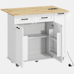 HOMCOM Ilha de Cozinha com Rodas Carrinho de Cozinha com Tomada USB Bancada Rebatível 2 Gavetas 2 Portas Prateleira Ajustável Porta-Temperos e Toalheiro 119,5x74x94,5 cm Branco