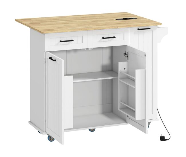 Homcom isla de cocina con ruedas carro de cocina con toma de corriente usb tablero plegable 2 cajones 2 puertas estante ajustable especiero y toallero