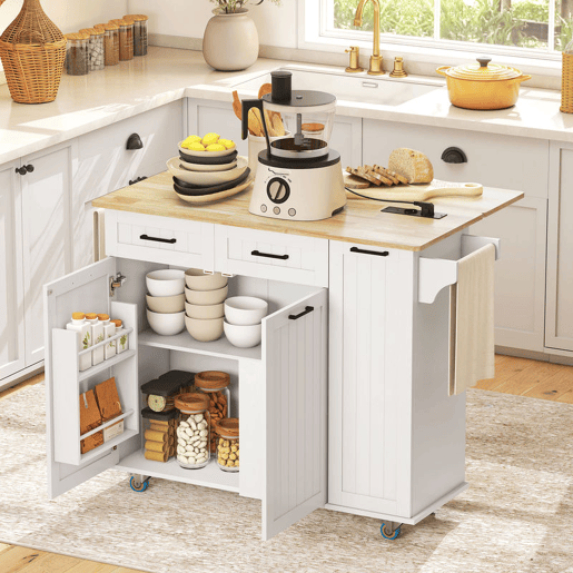 HOMCOM Ilha de Cozinha com Rodas Carrinho de Cozinha com Tomada USB Bancada Rebatível 2 Gavetas 2 Portas Prateleira Ajustável Porta-Temperos e Toalheiro 119,5x74x94,5 cm Branco