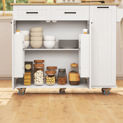 HOMCOM Ilha de Cozinha com Rodas Carrinho de Cozinha com Tomada USB Bancada Rebatível 2 Gavetas 2 Portas Prateleira Ajustável Porta-Temperos e Toalheiro 119,5x74x94,5 cm Branco