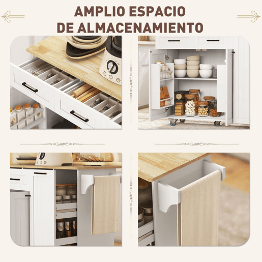 HOMCOM Ilha de Cozinha com Rodas Carrinho de Cozinha com Tomada USB Bancada Rebatível 2 Gavetas 2 Portas Prateleira Ajustável Porta-Temperos e Toalheiro 119,5x74x94,5 cm Branco