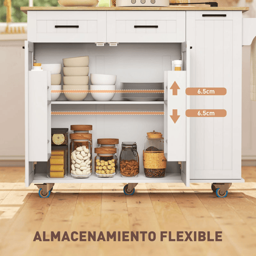 HOMCOM Ilha de Cozinha com Rodas Carrinho de Cozinha com Tomada USB Bancada Rebatível 2 Gavetas 2 Portas Prateleira Ajustável Porta-Temperos e Toalheiro 119,5x74x94,5 cm Branco