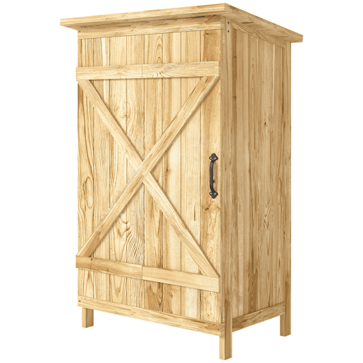 Outsunny Armário de Jardim em Madeira 63,5x40x90 cm Armário de Exterior para Armazenamento de Ferramentas com 2 Prateleiras Porta Estilo Celeiro e Telhado em Aço Galvanizado Madeira