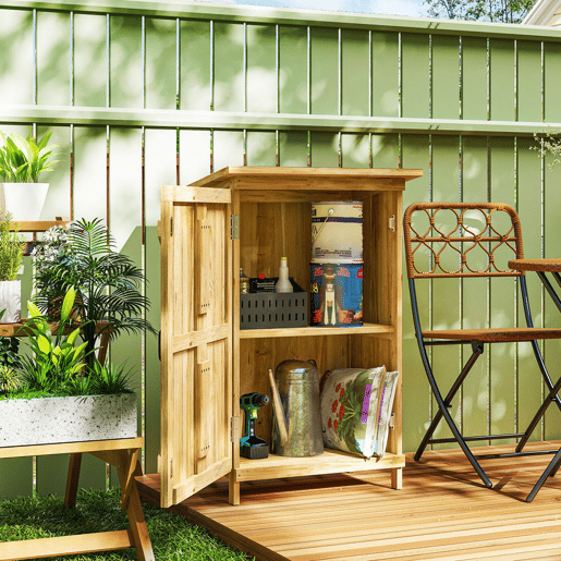 Outsunny Armário de Jardim em Madeira 63,5x40x90 cm Armário de Exterior para Armazenamento de Ferramentas com 2 Prateleiras Porta Estilo Celeiro e Telhado em Aço Galvanizado Madeira