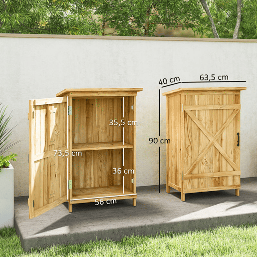 Outsunny Armário de Jardim em Madeira 63,5x40x90 cm Armário de Exterior para Armazenamento de Ferramentas com 2 Prateleiras Porta Estilo Celeiro e Telhado em Aço Galvanizado Madeira