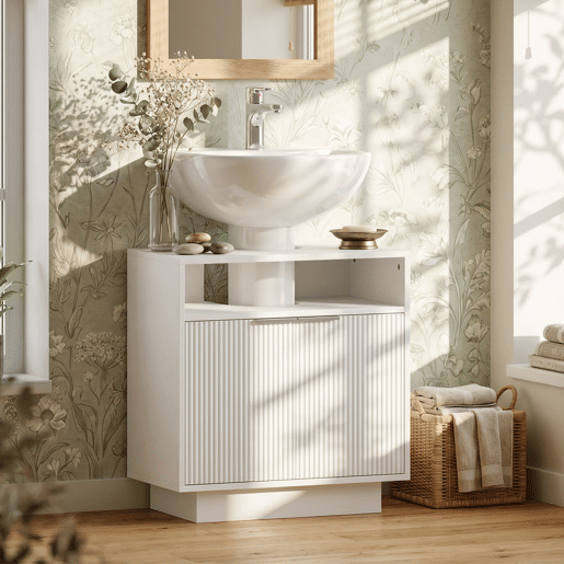 HOMCOM Móvel para Lavatório Pousar Móvel de Casa de Banho com 2 Portas Canaladas e Compartimento Aberto Armário de Casa de Banho para Lavatório com ou sem Pedestal Estilo Moderno 60x33x63 cm Branco