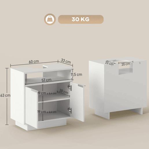HOMCOM Móvel para Lavatório Pousar Móvel de Casa de Banho com 2 Portas Canaladas e Compartimento Aberto Armário de Casa de Banho para Lavatório com ou sem Pedestal Estilo Moderno 60x33x63 cm Branco