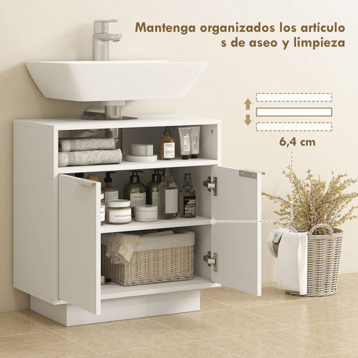 HOMCOM Móvel para Lavatório Pousar Móvel de Casa de Banho com 2 Portas Canaladas e Compartimento Aberto Armário de Casa de Banho para Lavatório com ou sem Pedestal Estilo Moderno 60x33x63 cm Branco