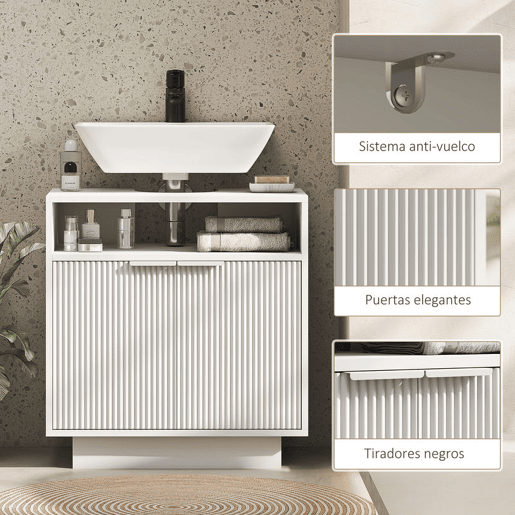 HOMCOM Móvel para Lavatório Pousar Móvel de Casa de Banho com 2 Portas Canaladas e Compartimento Aberto Armário de Casa de Banho para Lavatório com ou sem Pedestal Estilo Moderno 60x33x63 cm Branco