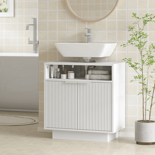 HOMCOM Móvel para Lavatório Pousar Móvel de Casa de Banho com 2 Portas Canaladas e Compartimento Aberto Armário de Casa de Banho para Lavatório com ou sem Pedestal Estilo Moderno 60x33x63 cm Branco