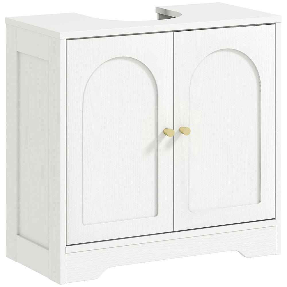 Homcom mueble bajo lavabo mueble de baño con 2 puertas con diseño de arco estante ajustable tiradores dorados para lavabo con o sin pedestal 60x30x65 cm blanco