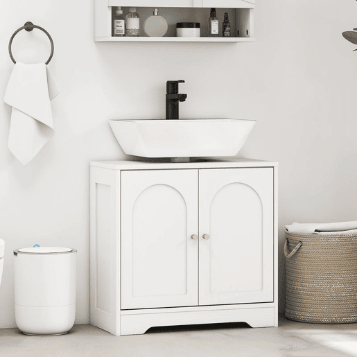 HOMCOM Móvel para Lavatório Pousar Móvel de Casa de Banho com 2 Portas com Desenho em Arco Prateleira Ajustável Puxadores Dourados para Lavatório com ou sem Pedestal 60x30x65 cm Branco