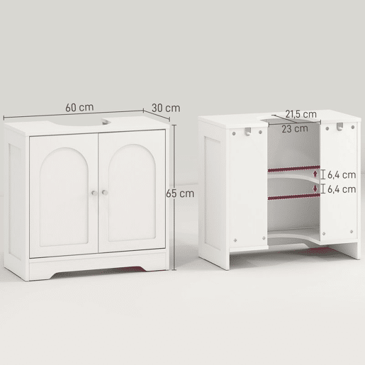 HOMCOM Móvel para Lavatório Pousar Móvel de Casa de Banho com 2 Portas com Desenho em Arco Prateleira Ajustável Puxadores Dourados para Lavatório com ou sem Pedestal 60x30x65 cm Branco