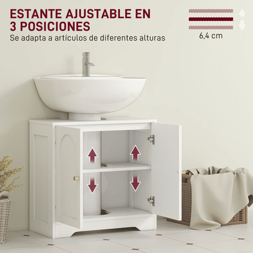 HOMCOM Móvel para Lavatório Pousar Móvel de Casa de Banho com 2 Portas com Desenho em Arco Prateleira Ajustável Puxadores Dourados para Lavatório com ou sem Pedestal 60x30x65 cm Branco