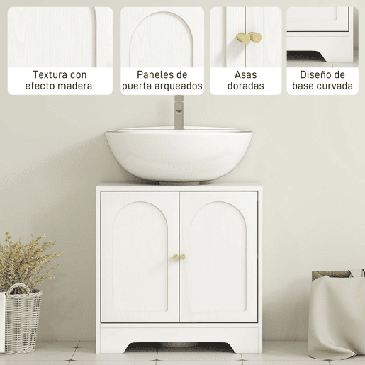 HOMCOM Móvel para Lavatório Pousar Móvel de Casa de Banho com 2 Portas com Desenho em Arco Prateleira Ajustável Puxadores Dourados para Lavatório com ou sem Pedestal 60x30x65 cm Branco
