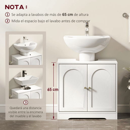 HOMCOM Móvel para Lavatório Pousar Móvel de Casa de Banho com 2 Portas com Desenho em Arco Prateleira Ajustável Puxadores Dourados para Lavatório com ou sem Pedestal 60x30x65 cm Branco