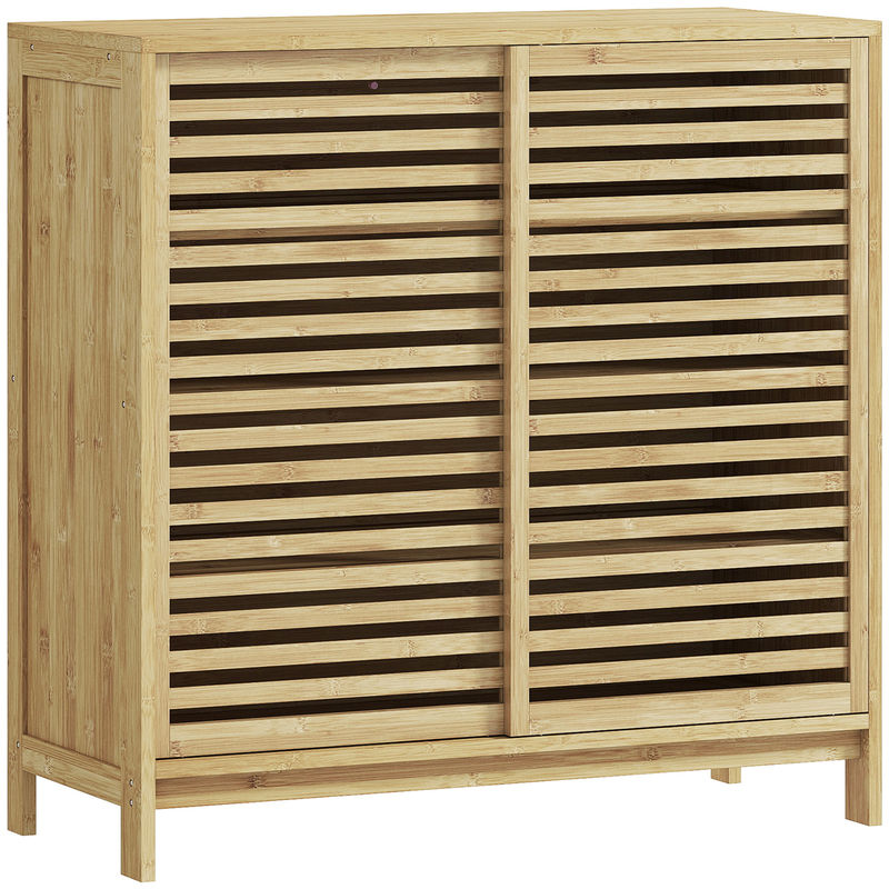 Homcom armario de baño de bambú mueble de baño con 2 puertas correderas diseño con lamas 4 estantes mueble auxiliar de almacenaje para cocina salón 80x34x80 cm natural
