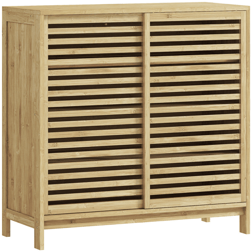 HOMCOM Armário de Casa de Banho em Bambu Móvel de Casa de Banho com 2 Portas de Correr Desenho com Ripas 4 Prateleiras Móvel Auxiliar de Arrumação para Cozinha Sala de Estar 80x34x80 cm Madeira
