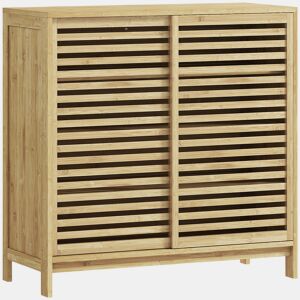 HOMCOM Armário de Casa de Banho em Bambu Móvel de Casa de Banho com 2 Portas de Correr Desenho com Ripas 4 Prateleiras Móvel Auxiliar de Arrumação para Cozinha Sala de Estar 80x34x80 cm Madeira