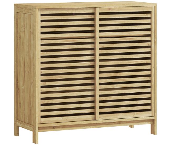 Homcom armario de baño de bambú mueble de baño con 2 puertas correderas diseño con lamas 4 estantes mueble auxiliar de almacenaje para cocina salón 80x34x80 cm natural